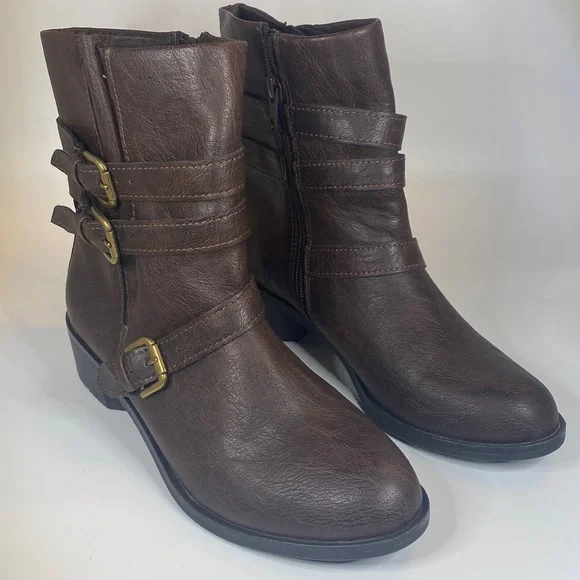 A.n.a brown ankle bootie faux leather Strappy buckle 7.5 zip up fall boots 7 1/2 - Picture 1 of 11